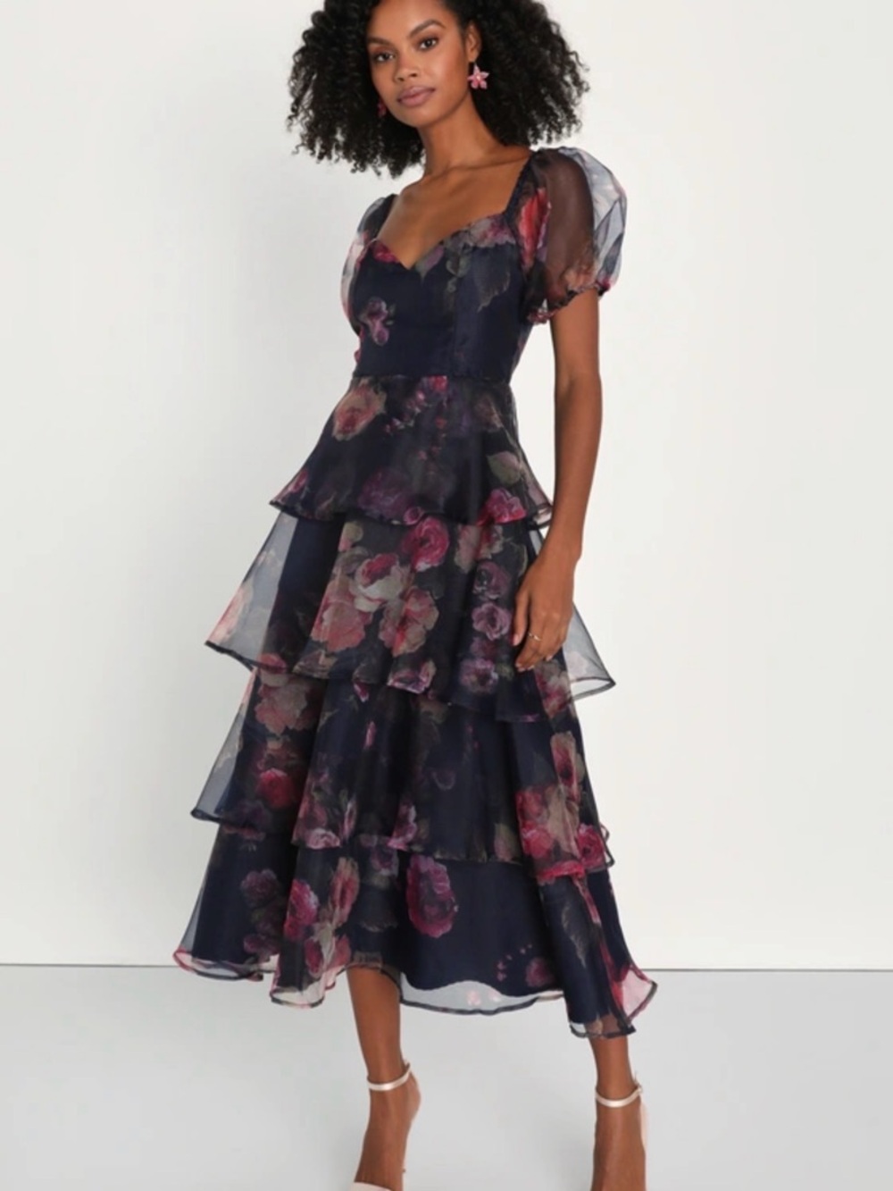Lulu's Grand beauty Navy Floral Tiered Ruffle Midi Dress  Variety Sizes NWT